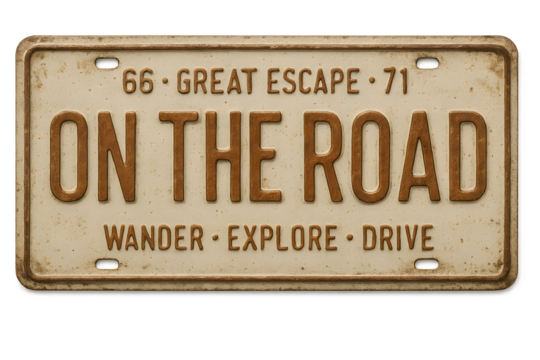 Vintage Route Sixty Six License Plate Design featuring On The Road travel wanderlust theme ideal for road trip posters and travel blogs