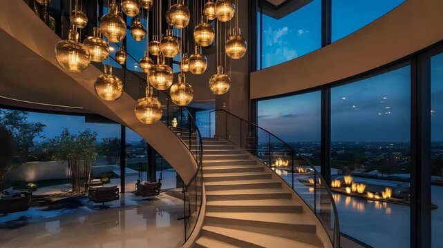 Sophisticated stair atrium with decorative hanging lights and expansive views in luxury home