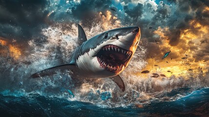 Obraz premium Fierce shark making a sharp turn in pursuit of a fish, sending bubbles and turbulence through the sea