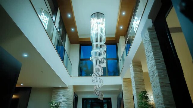 Spiral glass chandelier hanging in a high atrium entrance of a modern luxury home
