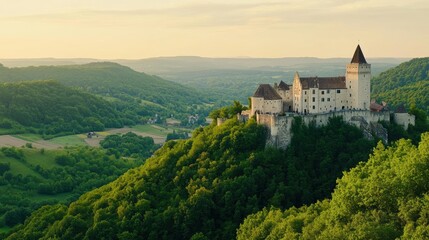 Fototapeta premium A majestic castle perched atop a lush green hill, surrounded by serene valleys and distant mountains bathed in golden hour light, This image is ideal for travel brochures, history articles