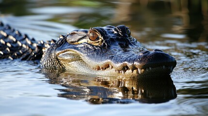 Fototapeta premium American Alligator lurks in shallow water reflecting the surrounding nature scene