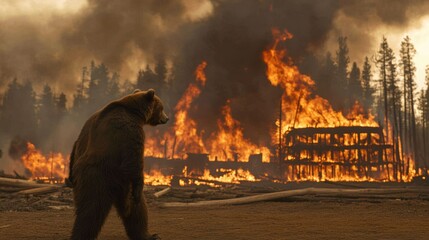 A bear stands against a dramatic backdrop of raging wildfires, showcasing the impact of climate change on wildlife, Ideal for environmental campaigns or discussions on forest conservation,