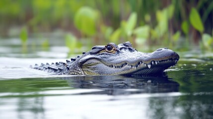 Fototapeta premium Alligator lurking in the murky waters of a swampy environment focusing attention