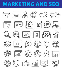 Set of Marketing and SEO Line Icons, Minimal Vector Set of Digital Strategy, Advertising, and Analytics Symbols