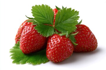 Vivid cluster of strawberries with green leaves illuminated on a white surface