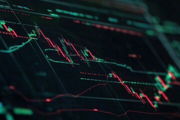 Abstract financial background. High tech dynamic backdrop. Stock market data on digital screen. Green light. Immersive futuristic theme for media web design projects. Trading charts, bar, arrow, graph