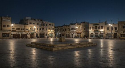 Obraz premium Empty City Square at Night, Buildings Illuminated, Dusk Scene, Evening Light