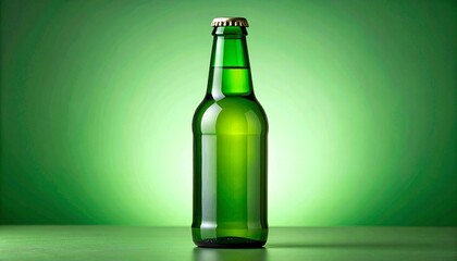 Green bottle of beer is sitting on a green background