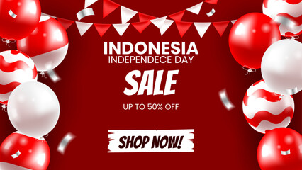 indonesian independence day sale banner with red and white balloons and confetti, great for social media post and web banner.