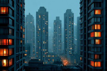 Illuminated skyscrapers dominating the city skyline at dusk