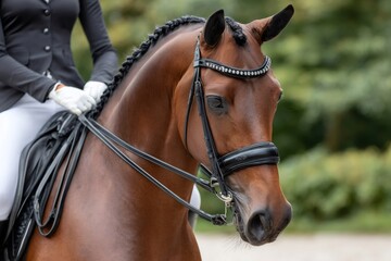 Obraz premium Elegant horse with braided mane participating in dressage competition