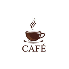 Brown Stylized Coffee Cup Logo with Steam and "Café" Text on Transparent Background