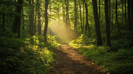Fototapeta premium A Sunlight Dappled Forest Path Leads Through Lush Green Foliage