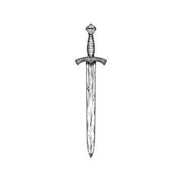 Illustration of a classic sword in vintage stipple engraving style isolated on transparent background