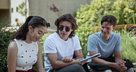 Young university students engage in an outdoor study group, collaborating and discussing academic topics. This diverse group fosters learning, teamwork, and friendship in a vibrant campus environment.