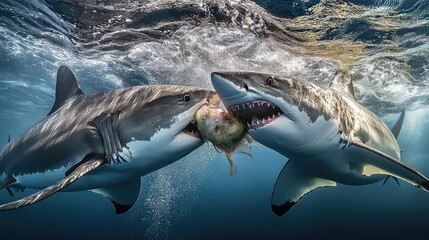 Split-second moment of a shark catching prey, mouth clamped around its target
