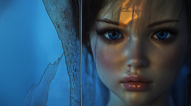 A close-up of a cracked blue glass surface, creating intricate patterns and textures. The lighting highlights the details of the cracks, making them stand out against the backdrop. - Powered by Adobe