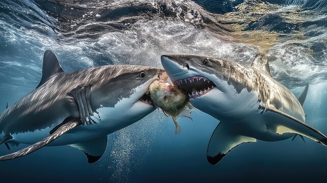Split-second moment of a shark catching prey, mouth clamped around its target