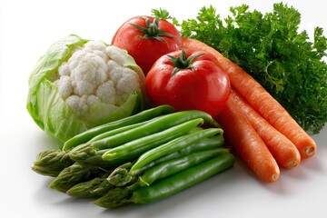 Vivid still life cauliflower tomatoes carrots parsley peas asparagus on white bathed in light