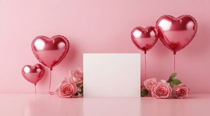 A pink wall with heart-shaped balloons and roses on the side, an empty white card in front of i