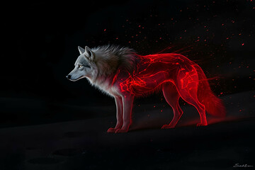 Pale wolf with semi-transparent body, fading into a dark desert with glowing red sand traces


