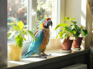 Parrot sitting on the edge of a sunny windowsill, head tilted, surrounded by houseplants


