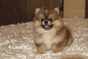 Pomeranian puppy sitting on a white fluffy rug, big smile and sparkling eyes

