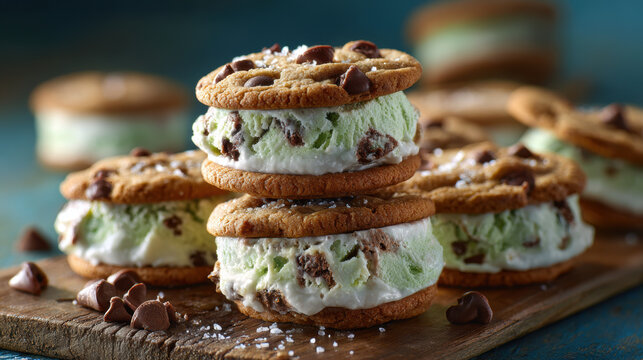 Delicious chocolate chip cookies sandwiching mint ice cream create delightful treat, perfect for any occasion. Ice Cream Sandwich Day - Powered by Adobe