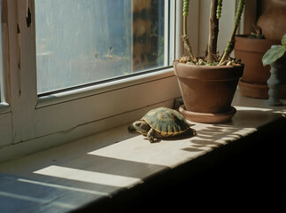 Turtle on a windowsill next to potted succulents, soft afternoon shadows falling across the scene


