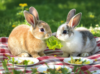 Two bunnies sharing a single piece of lettuce on a picnic-style setup with tiny plates

