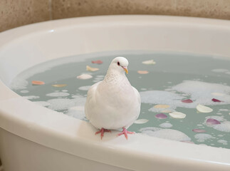 White dove standing on the edge of a bathtub filled with bubbles and floating petals

