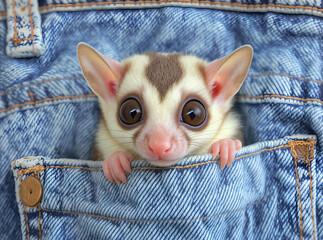 Sugar glider peeking out of a denim pocket, eyes wide open in a curious stare

