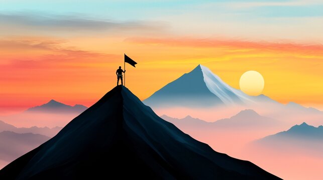 A determined climber reaches the summit of a mountain, planting a flag to symbolize triumph over adversity and ultimate success.