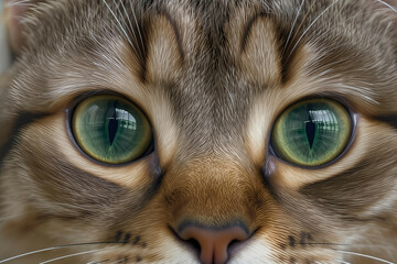 Close-up of a tabby cat’s face with expressive pupils and visible fur details

