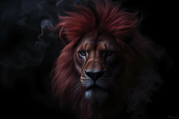 Fototapeta premium Ethereal lion face emerging from deep shadows, mane shaped by soft burgundy smoke