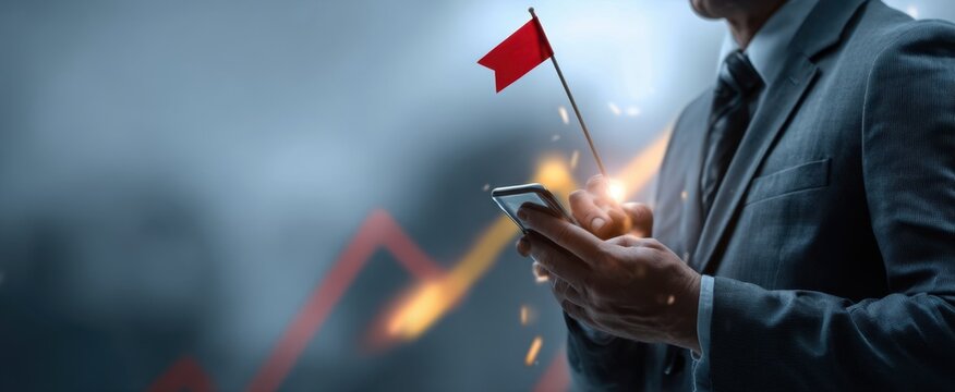 The businessman holding a smartphone with a red flag suggesting alertness in the market.