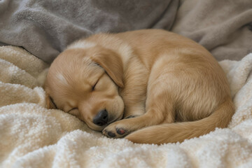 Golden retriever puppy curled up comfortably on a soft blanket, eyes closed peacefully

