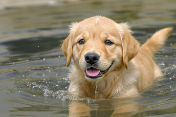 Golden retriever puppy with a wet nose and playful expression, just out of the water