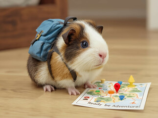 Guinea pig wearing a tiny backpack, “ready for adventure,” standing next to a toy map