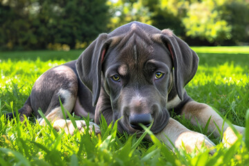 Great Dane puppy gently resting on the lawn, both big and adorable, bathed in soft light