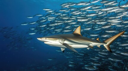 Obraz premium Wide angle view of open sea hunt with shark and school of fish crossing currents