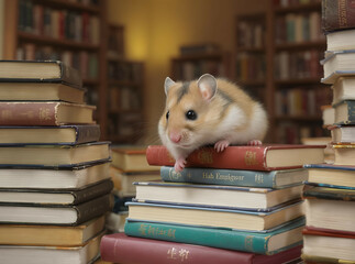 Hamster climbing over stacked toy books, like a tiny explorer in a miniature library