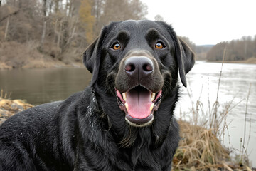 Labrador with a wide smile standing by the riverbank, water droplets sparkling on wet fur

