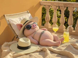 Mini pig lounging on a sunlit balcony with a straw hat beside it and lemonade nearby

