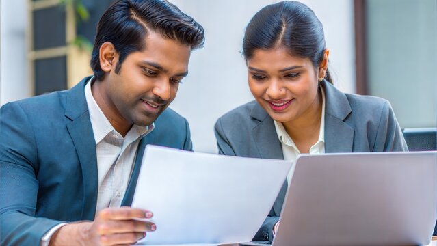 Business duo checking financial documents and planning strategy on laptop
- Powered by Adobe