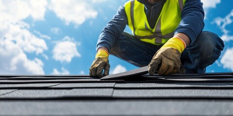 Roofer worker installing roof shingles, asphalt or bitumen shingle on top of the new roof under construction residential building. Man wearing an orange hard hat, safety harness working on a rooftop.