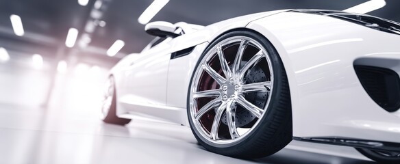 The sleek white sports car with stunning chrome wheels in a modern setting.