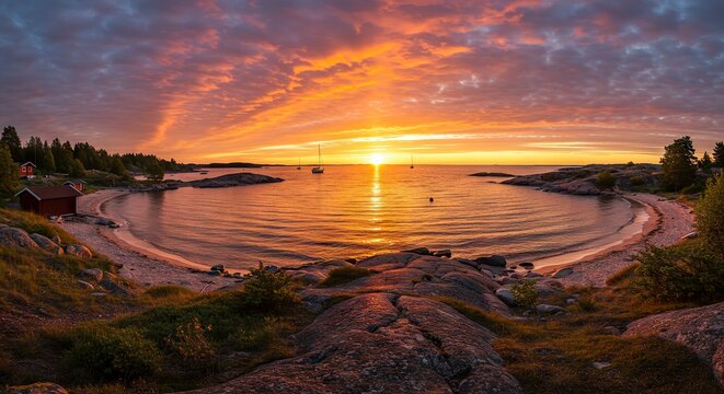 Sunset over a bay with rocky shores and moored sailboats under an orange and grey cloudscape