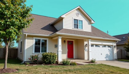 Charming Residential House with a Red Door Surrounded by Lush Greenery in a Suburban Neighborhood